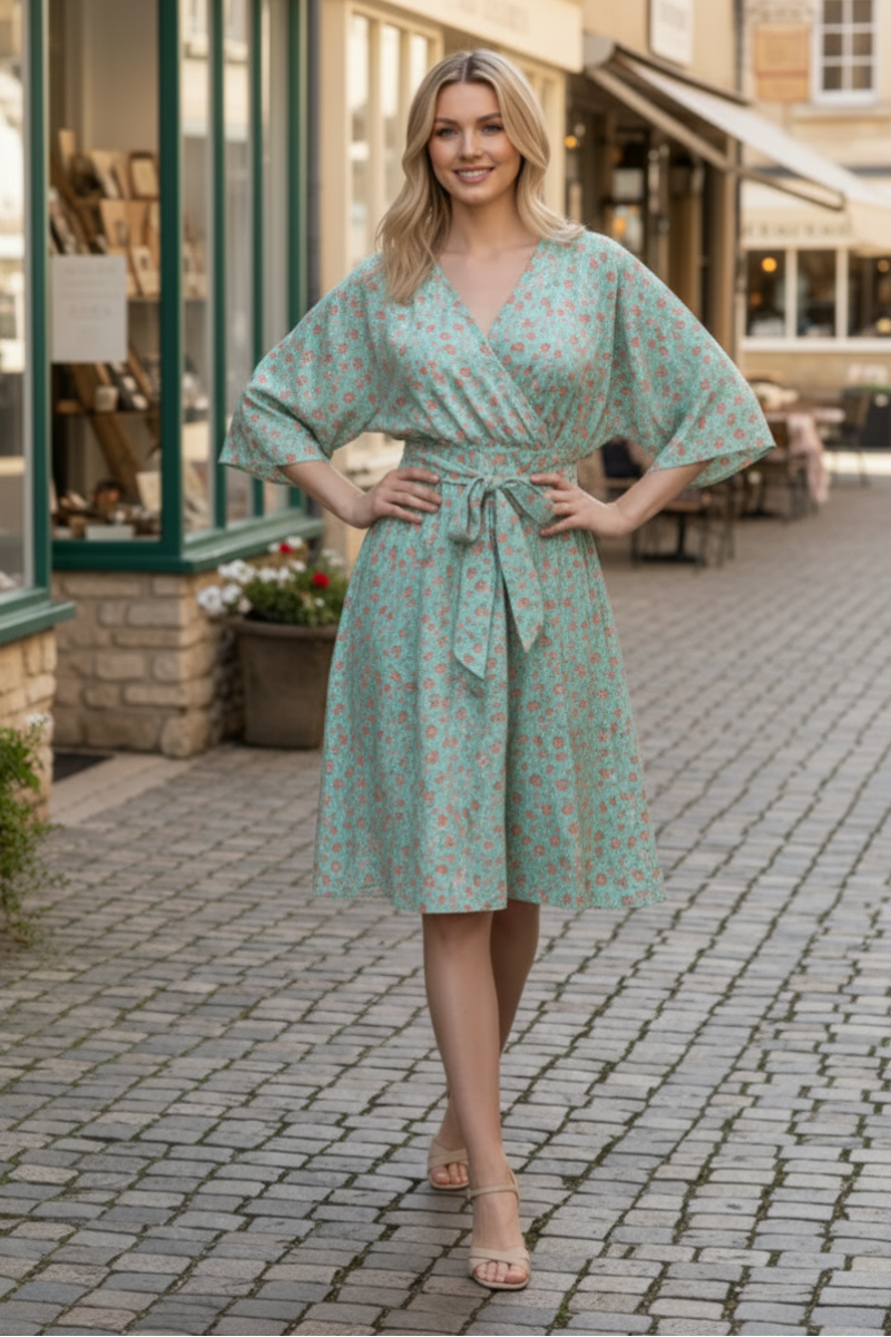 HALF SLEEVE SURPLICE NECKLINE DITSY FLORAL PRINT MINI DRESS-HMED6826-11
