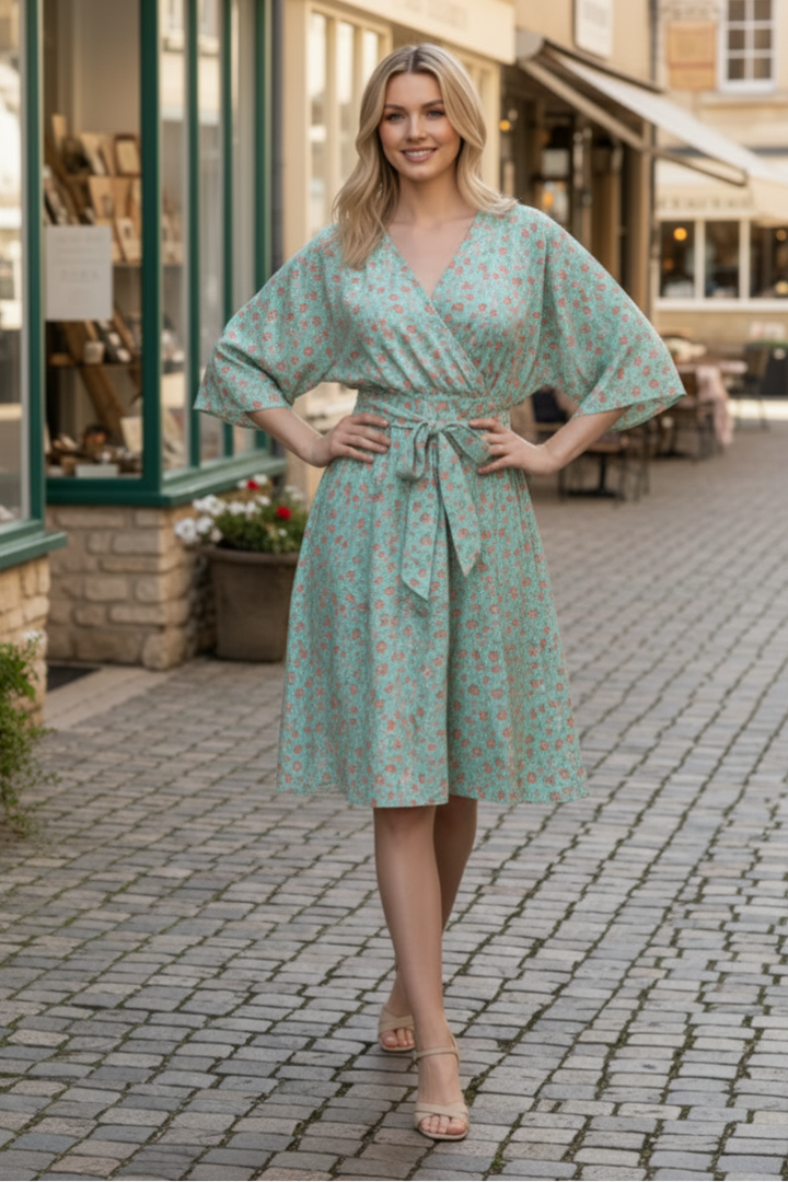 HALF SLEEVE SURPLICE NECKLINE DITSY FLORAL PRINT MINI DRESS-HMED6826-11