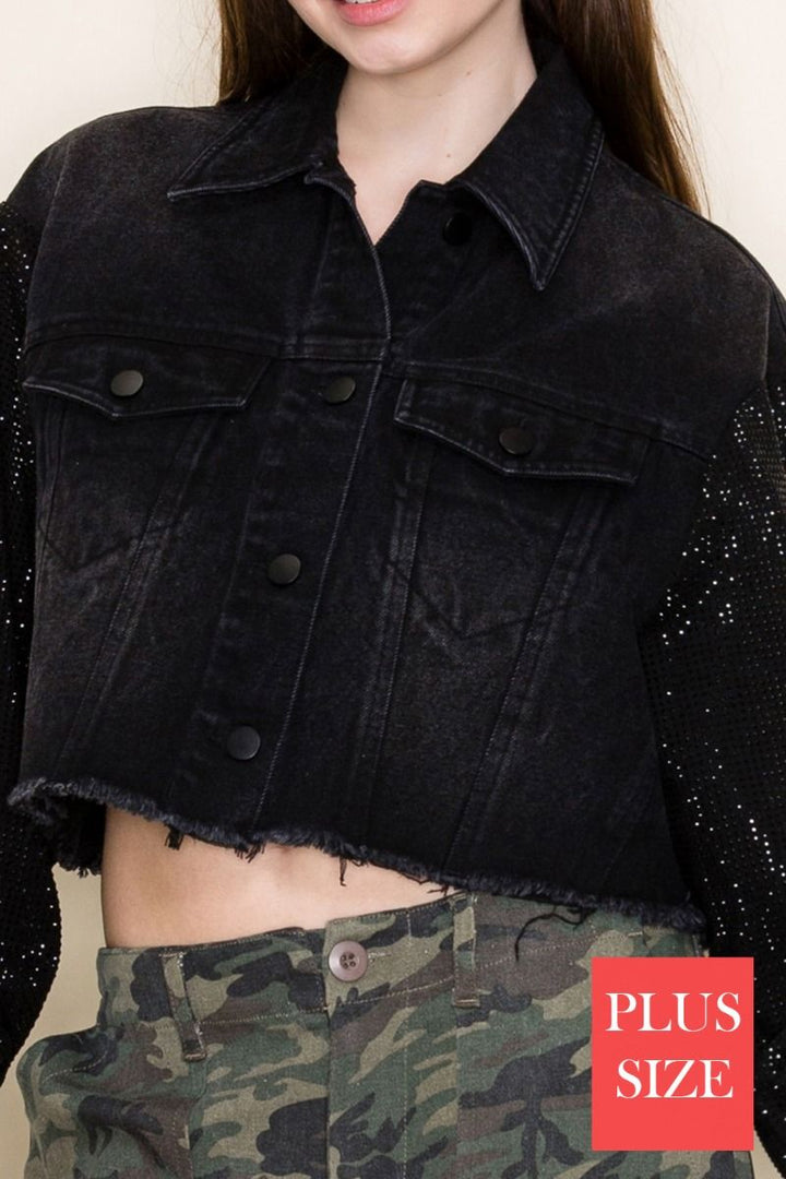 PLUS SIZE BLACK DENIM JACKET WHIT JEWEL PATTERN SLEEVE