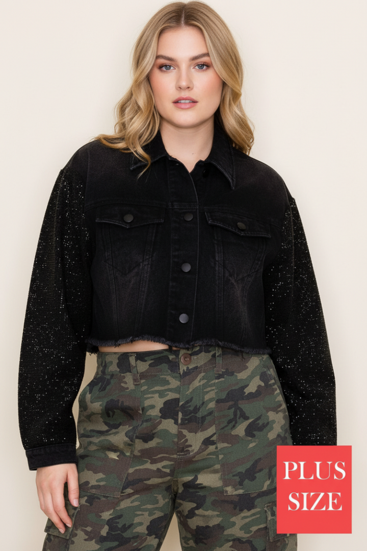 PLUS SIZE BLACK DENIM JACKET WHIT JEWEL PATTERN SLEEVE