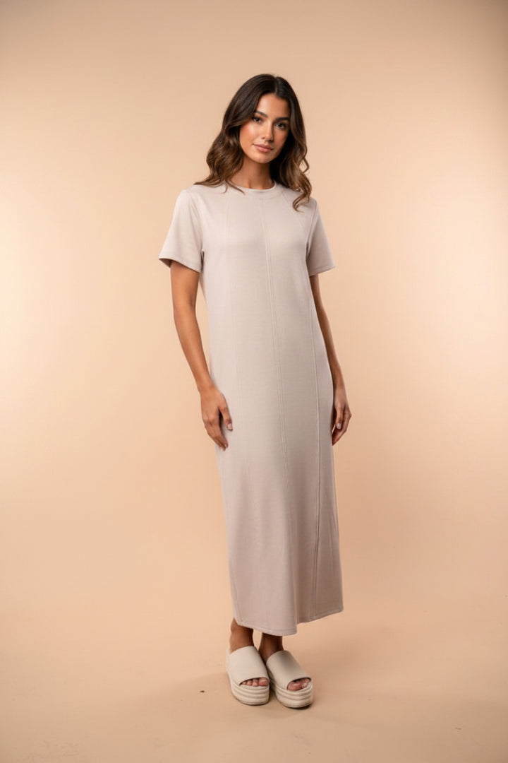 SHORT SLEEVE SOLID KNIT MIDI DRESS