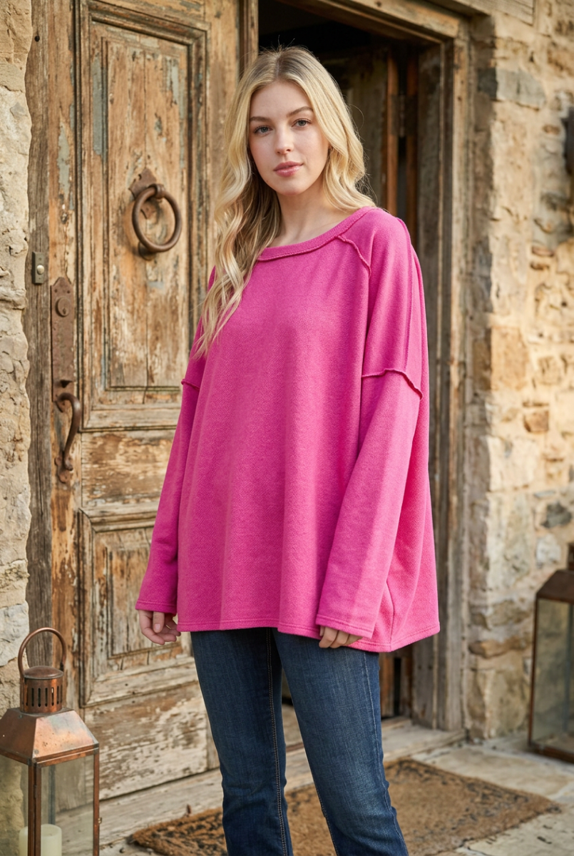 LONG SLEEVE ROUND NECK SOLID CUTTON FRENCH TERRY TOP-HMET7690-14