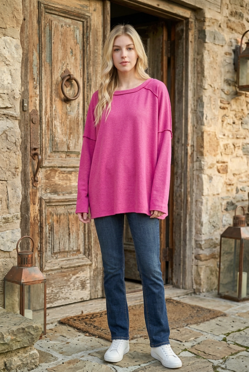 LONG SLEEVE ROUND NECK SOLID CUTTON FRENCH TERRY TOP-HMET7690-14