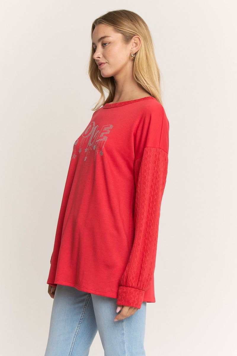 ROUND NECK SOLID TOP WITH HEART RHINESTONE HMET7706