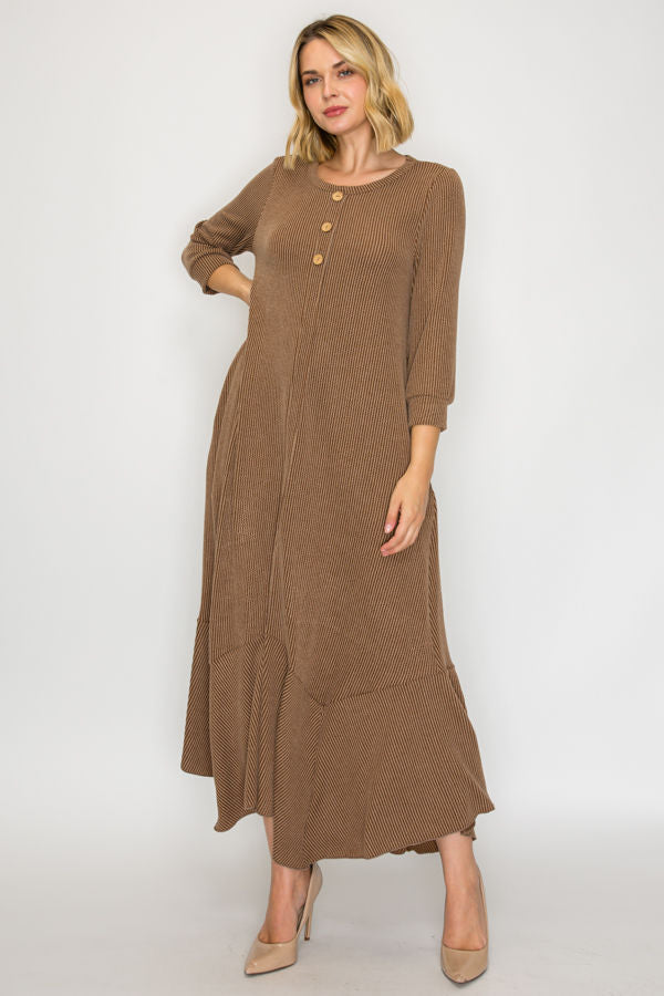 ASYMMETRIC HEMLINE 3/4 SLEEVES DRESS WITH SIDE POCKETS