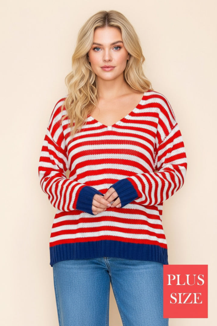 PLUS SIZE LONG SLEEVE STRIPED KNIT SWEATR