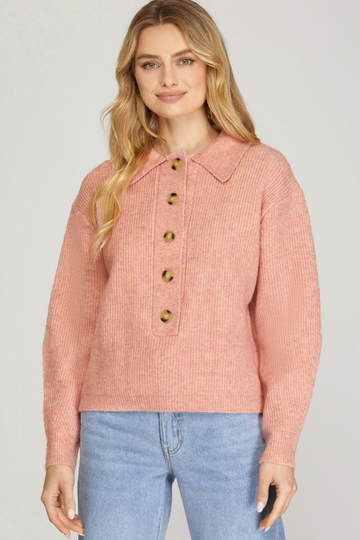 NOTCH BECK BUTTON DOWN LONG SLEEVES SWEATER TOP SKSY5410