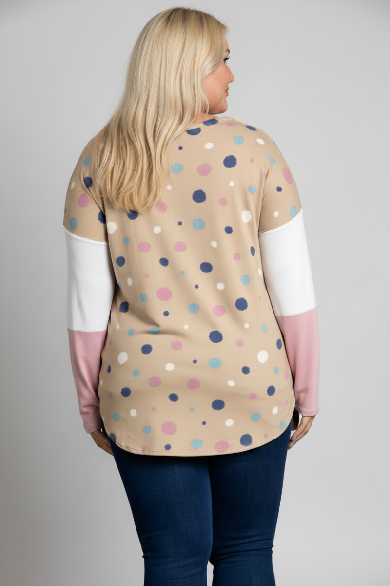 POLKADOT COLOR BLOCK BUTTON DOWN PLUS SIZE SWEATER-CT43590DX-