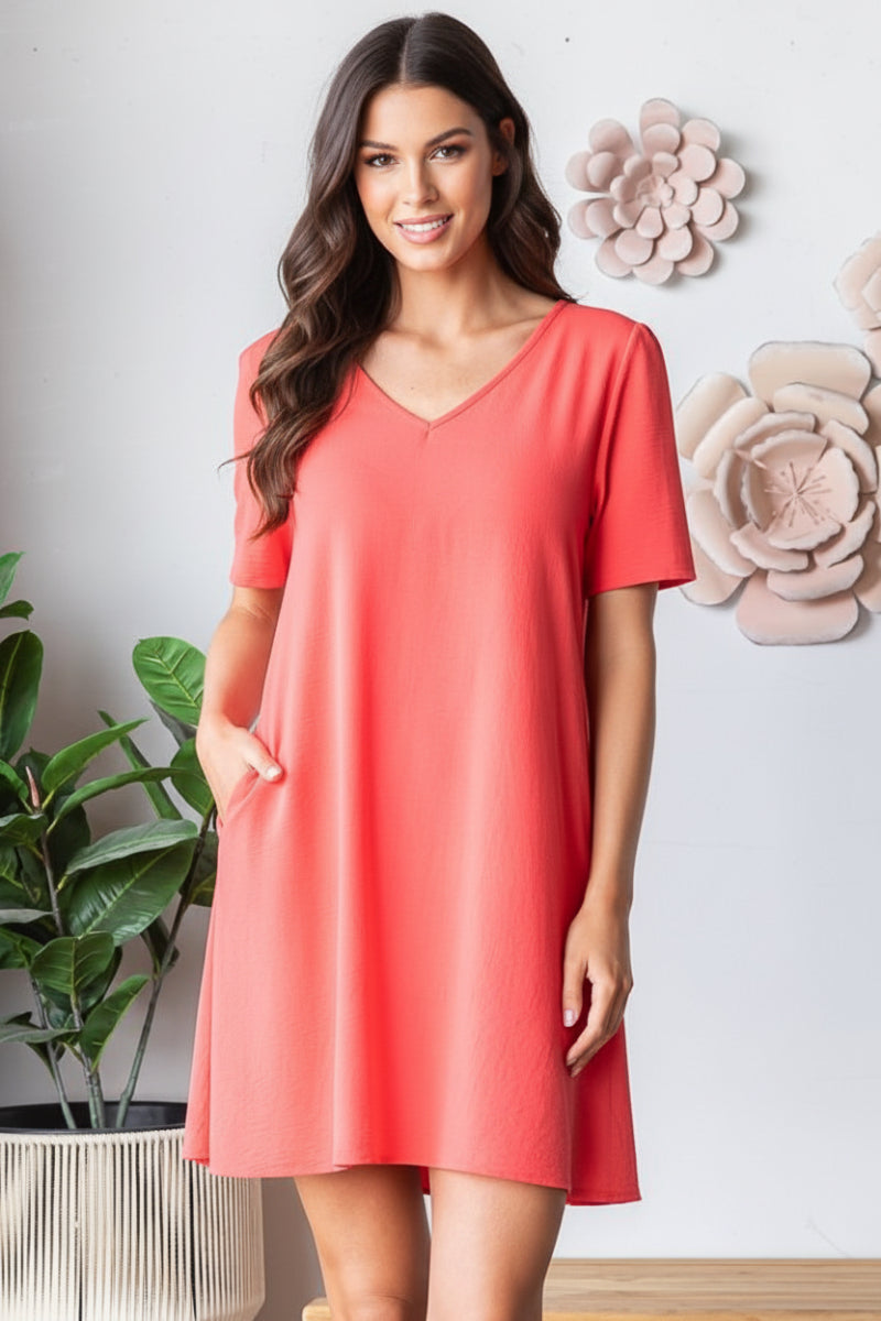 SHORT SLEEVE V NECK SOLID AIRFLOW WOVEN DRESS-HMED6880