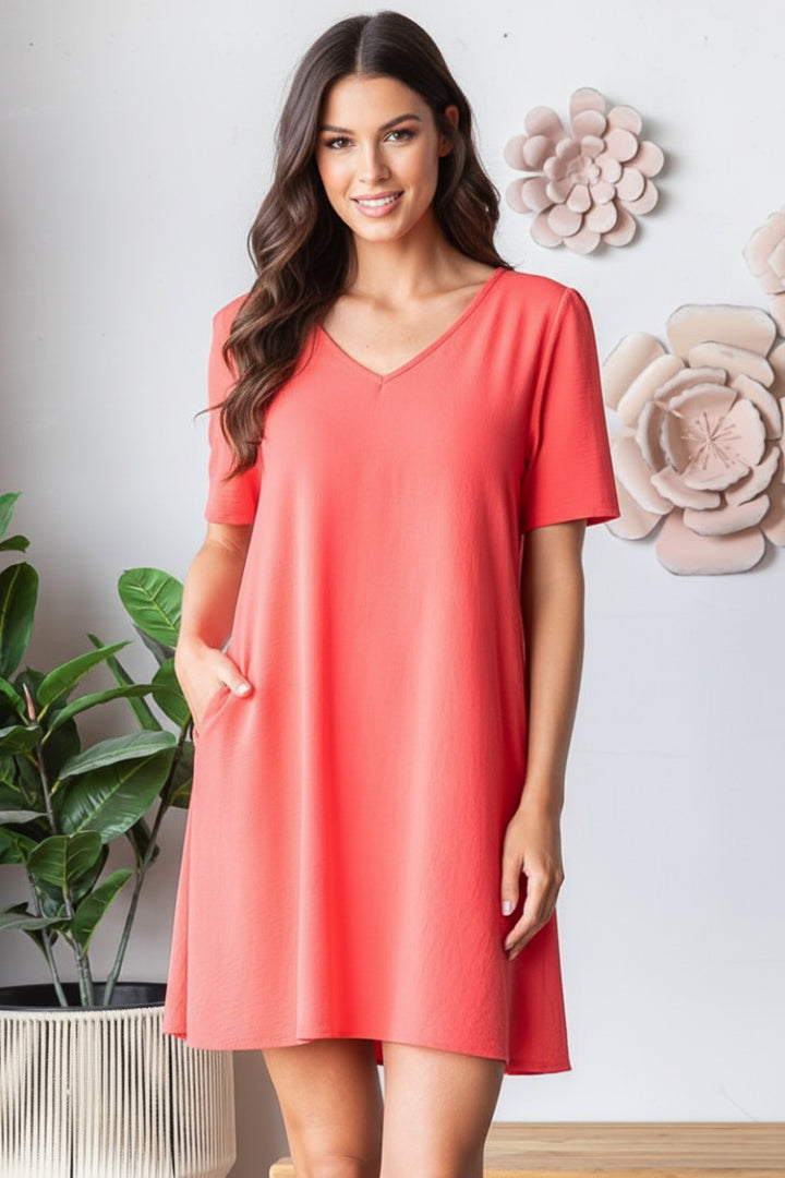 SHORT SLEEVE V NECK SOLID AIRFLOW WOVEN DRESS-HMED6880