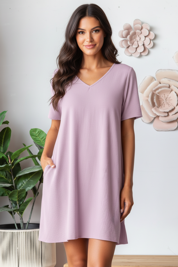 SHORT SLEEVE V NECK SOLID AIRFLOW WOVEN DRESS-HMED6880