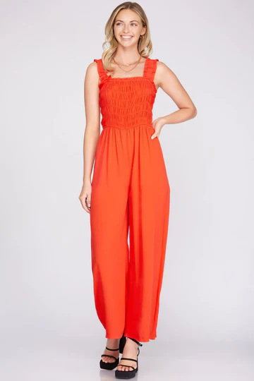 SMOCKED ELASTIC RUFFLED STRAP JUMPSUIT SKSY3929