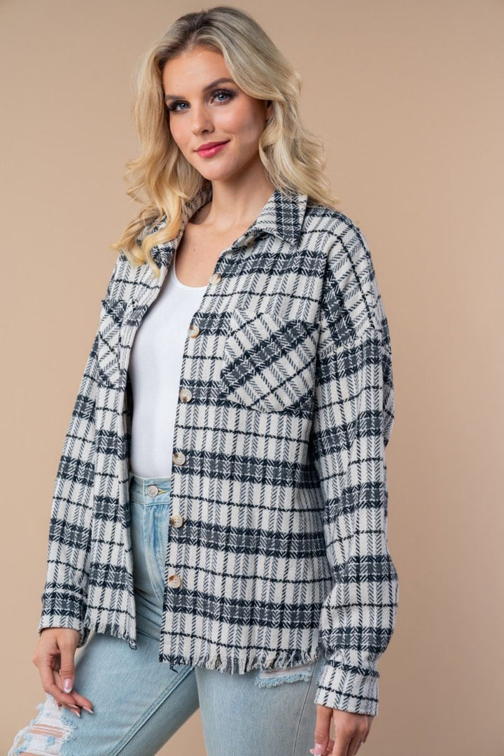 BUTTON DONE PLAID WOVEN SHACKET