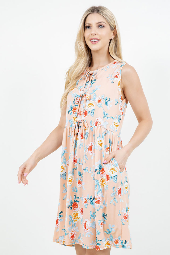 FRONT TIE BOW TANK TUNIC DRESS WITH SIDE POCKTES