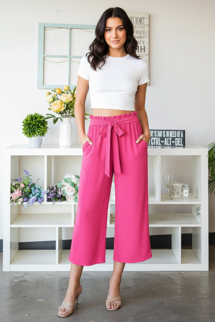 PAPERBAG WAISTBAND SOLID WOVEN CULOTTES PANTS-HMEP6735-10