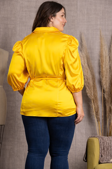 SATIN COLLARED TIE WAIST PLUS SIZE TOP