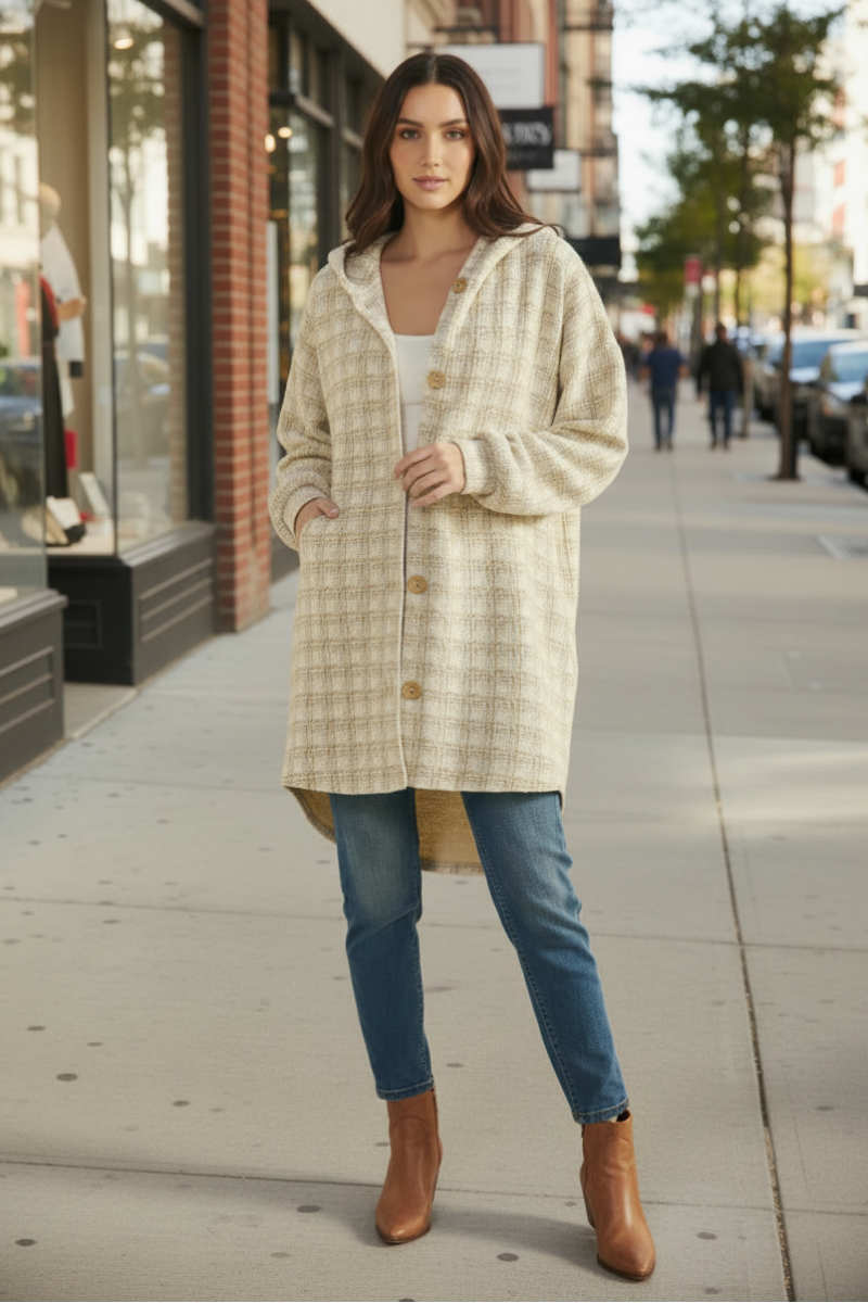 LONG PUFF SLEEVE CHECKER BOUCLE FABRIC BUTTON DOWN CARDIGAN