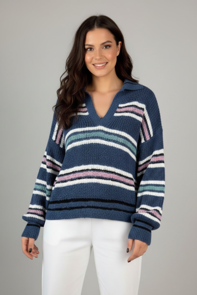 PLUS SIZE LONG SLEEVE STRIPED KNIT SWEATER-WB10656P