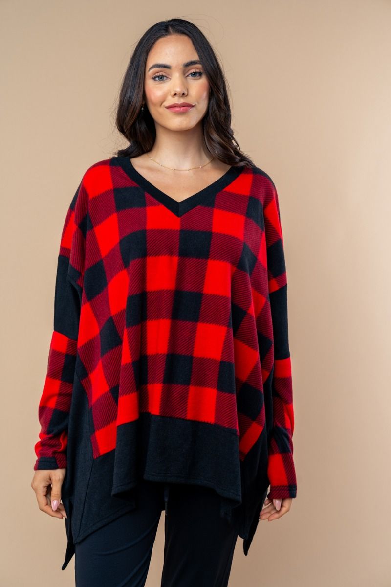 LONG SLEEVE PLUS SIZE CHECK KNIT TOP-T25702P