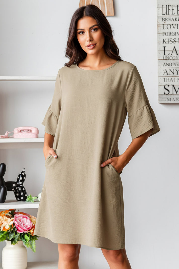 PLUS SIZE SHORT SLEEVE WITH RUFFLED ROUND NECK SOLID MINI DRESS