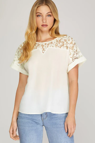 DROP SHOULDER LACE CONTRAST WOVEN TOP