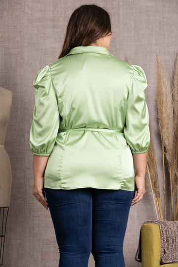SATIN COLLARED TIE WAIST PLUS SIZE TOP