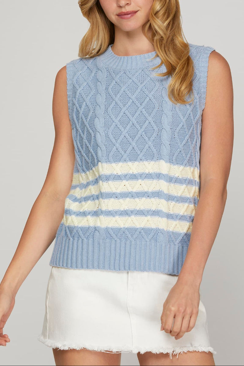 SLEEVELESS STRIPED CABLE KNIT SWEATER VEST-SKSY8127