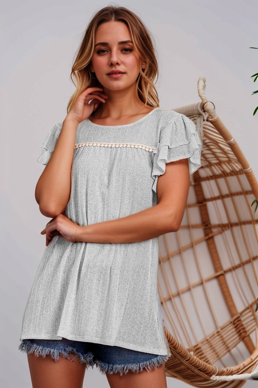 RUFFLED SHORT SLEEVE ROUND NECK SOLID TOP