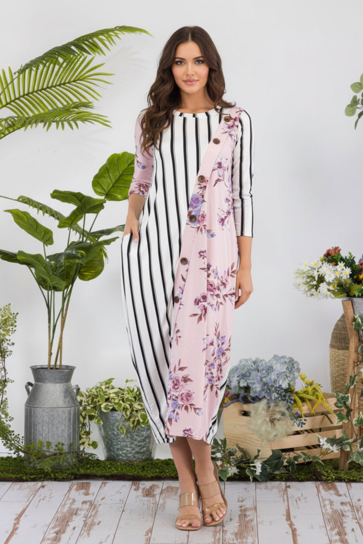 STRIPE FLORAL CONTRAST MIDI-DRESS-CLCD43837D