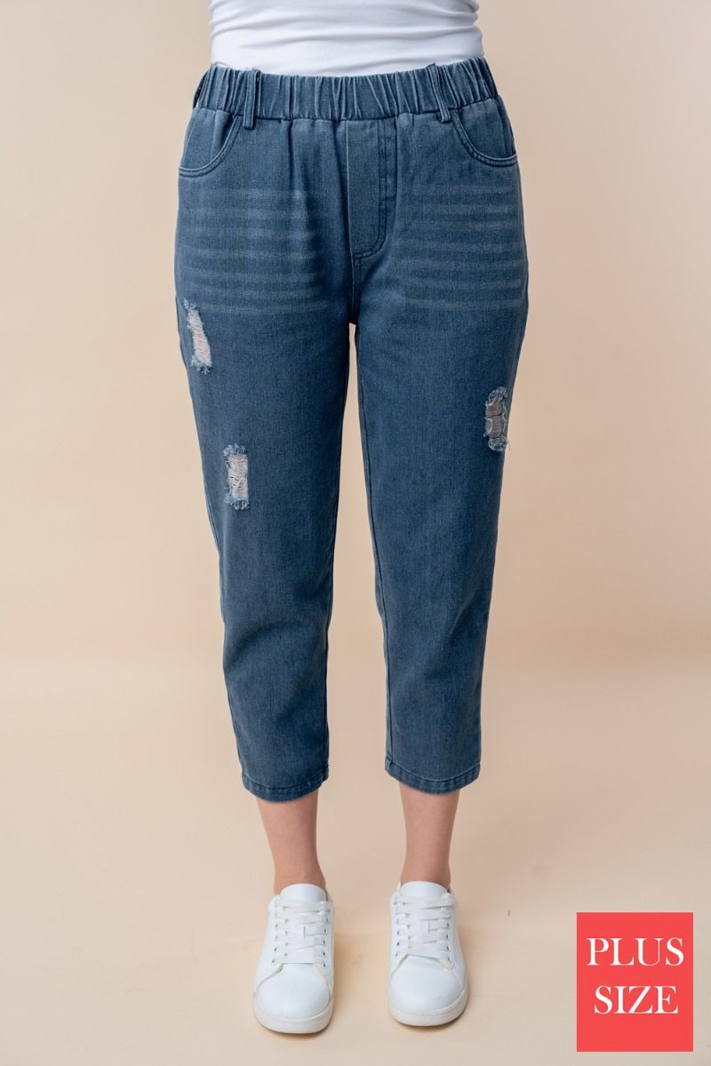 HIGH WAISTED SOLID PLUS SIZE DENIM CAPRI PANTS