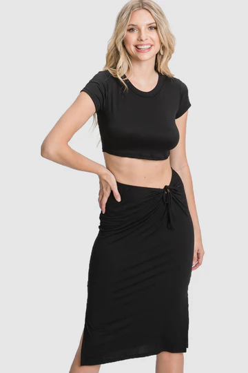 CROP TOP & SIDE SLIT ELASTIC WAIST SKIRT KNIT SET IN2028M *