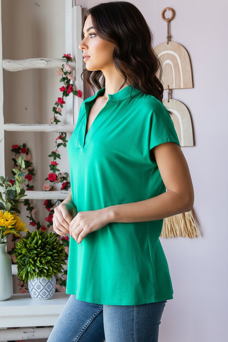 PLUS SIZE SHORT SLEEVE BASIC MANDARIN COLLAR NECK SOLID TOP-HMET7033S