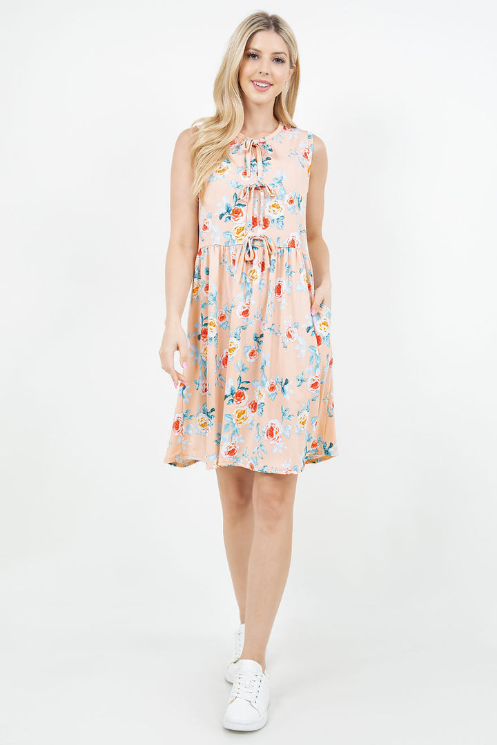 FRONT TIE BOW TANK TUNIC DRESS WITH SIDE POCKTES