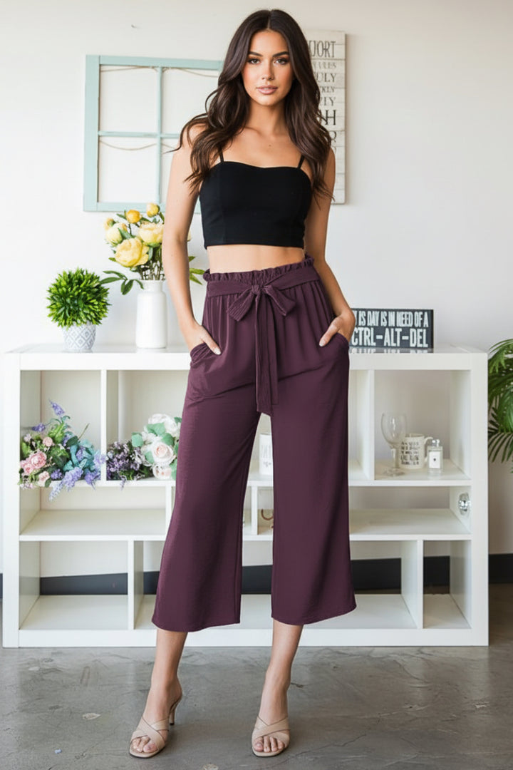 PAPERBAG WAISTBAND SOLID WOVEN CULOTTES PANTS-HMEP6735-10