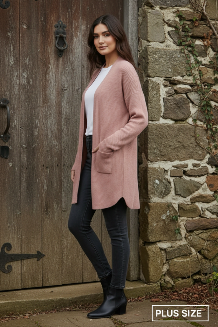 PLUS SIZE LONG SLEEVE SOLID BRUSHED URBAN RIBBED OPEN