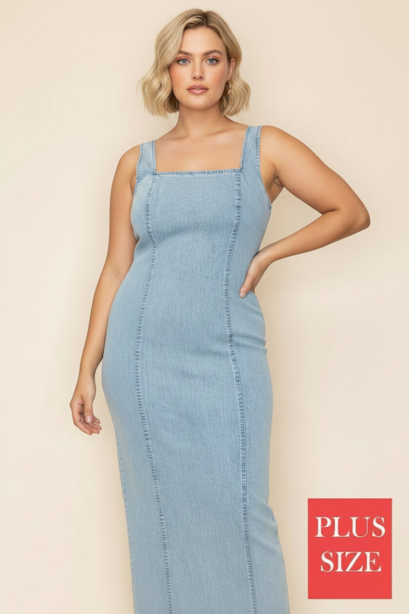 PLUS SIZE SLEEVELESS DENIM MIDI DRESS WBD90763P
