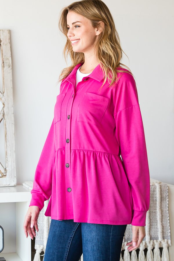 LONG PUFF SLEEVE BASIC COLLAR SOLID BUTTON DOWN JACKET WITH FRONT POCKET AND SHIRRIND DETAIL