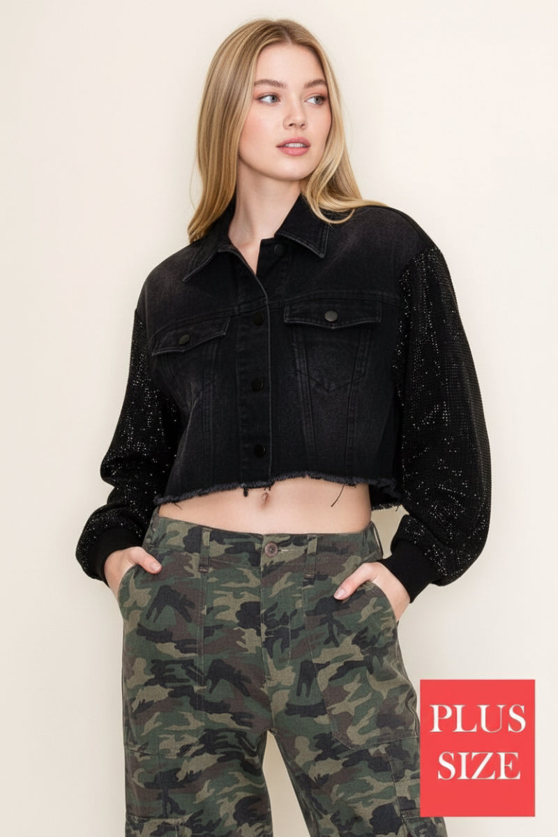 PLUS SIZE BLACK DENIM JACKET WHIT JEWEL PATTERN SLEEVE
