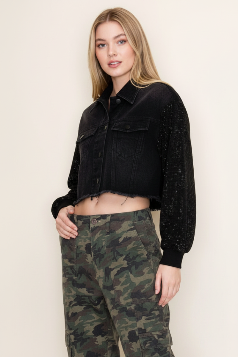 PLUS SIZE BLACK DENIM JACKET WHIT JEWEL PATTERN SLEEVE