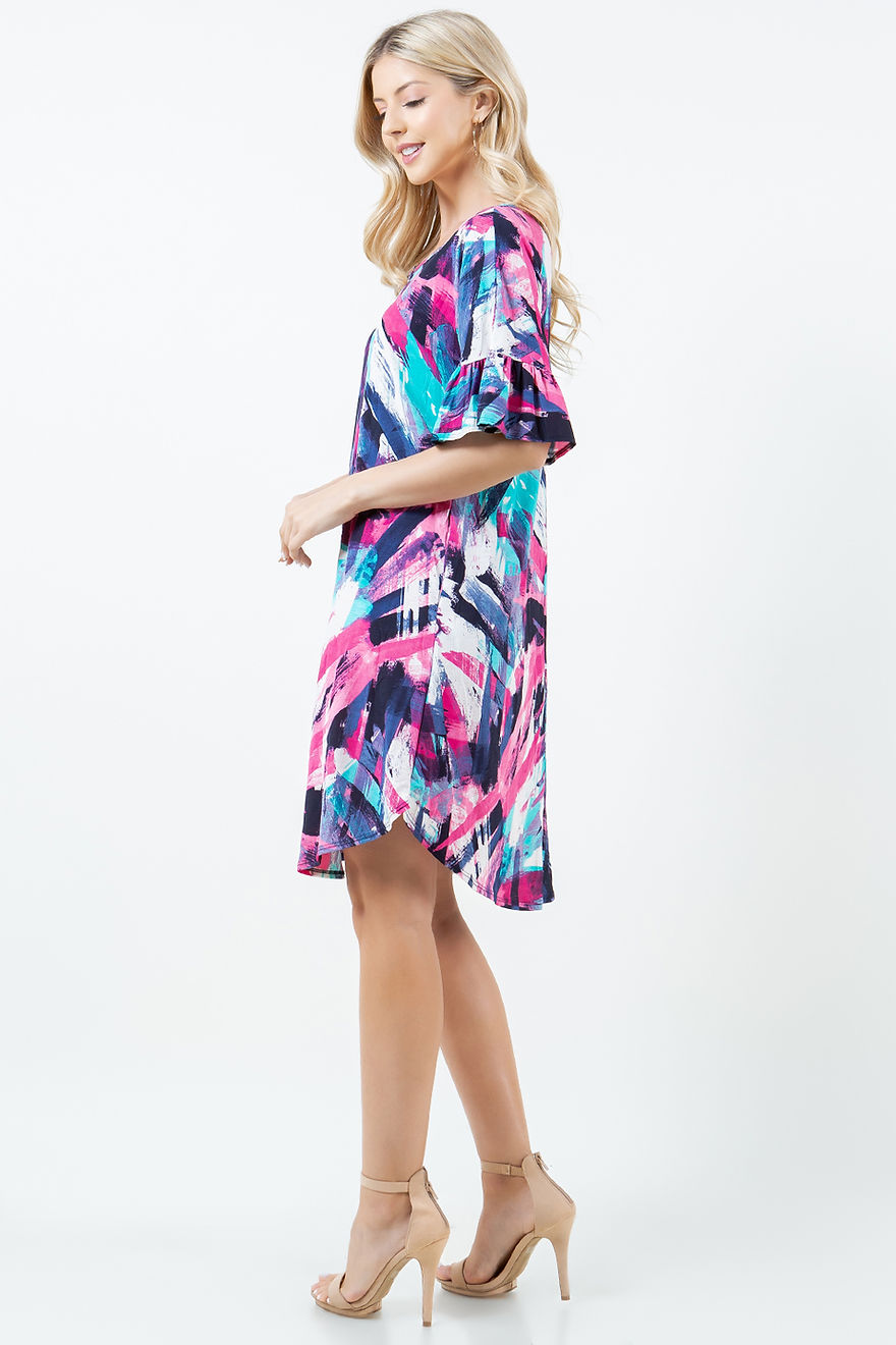 MULTICOLOR ABSTRACT SWING RUFFLED W/ POCKETS MINI DRESS-SHVC39644