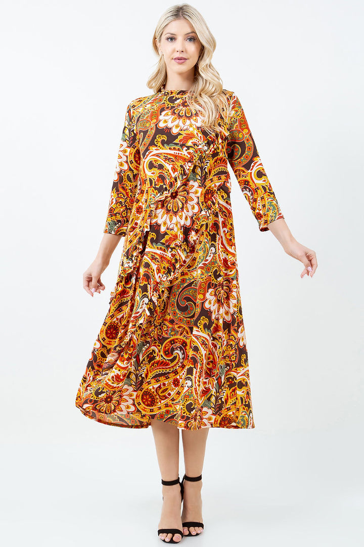 MULTI COLOR MOCK NECK MIDI DRESS W/SIDE POCKET