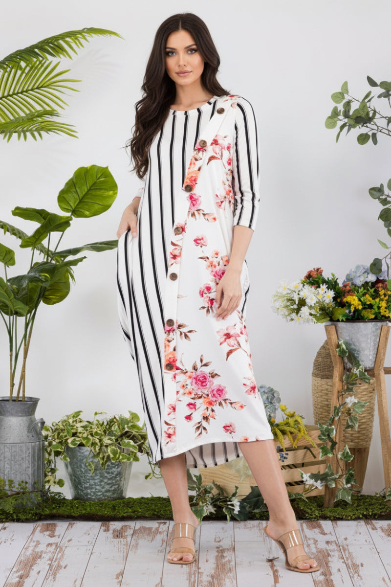 PLUS SIZE STRIPE FLORAL CONTRAST MIDI-DRESS-CLCD43837D