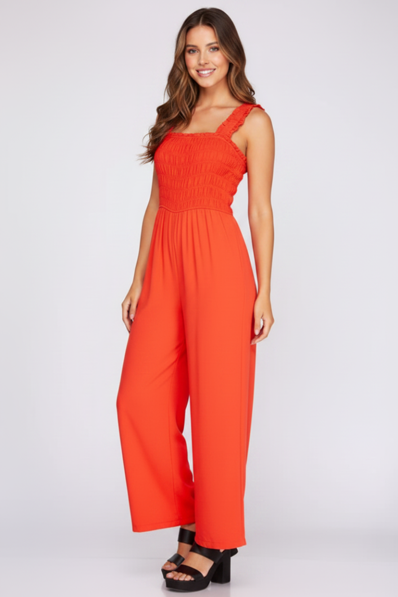SMOCKED ELASTIC RUFFLED STRAP JUMPSUIT SKSY3929
