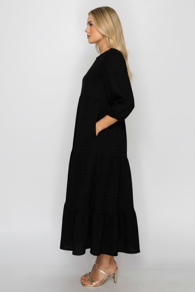 PLUS SIZE PUFF SLEEVES LAYERED DRESS WITH SIDE POCKETS-SHVL5825