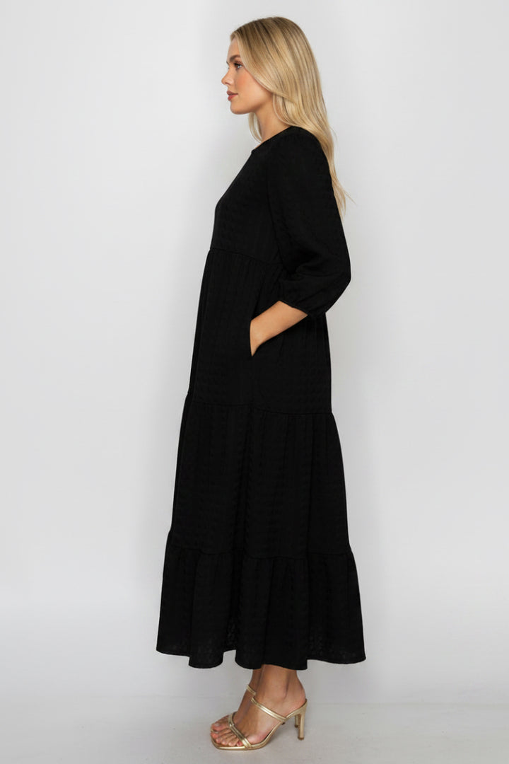 PLUS SIZE PUFF SLEEVES LAYERED DRESS WITH SIDE POCKETS-SHVL5825