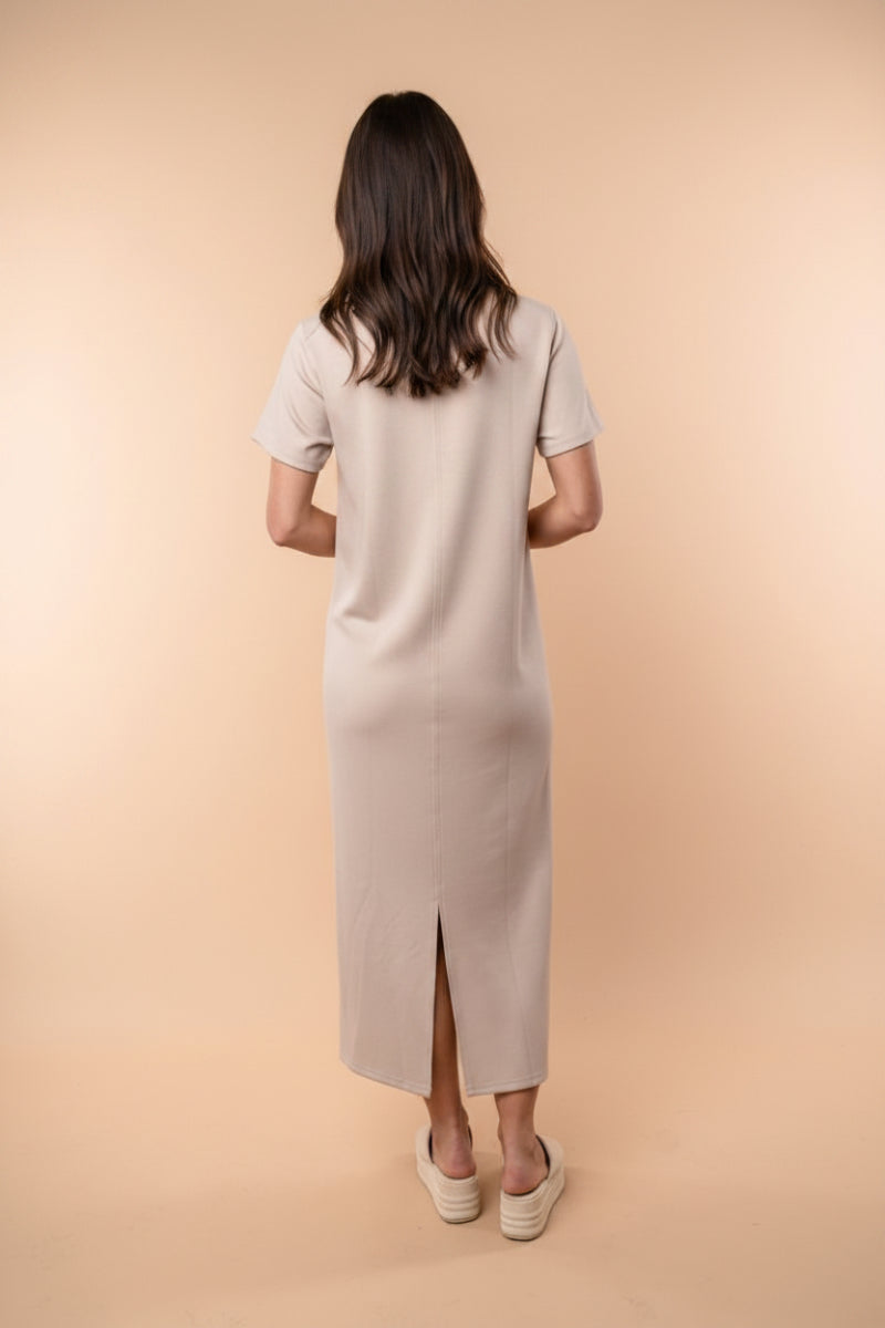 SHORT SLEEVE SOLID KNIT MIDI DRESS