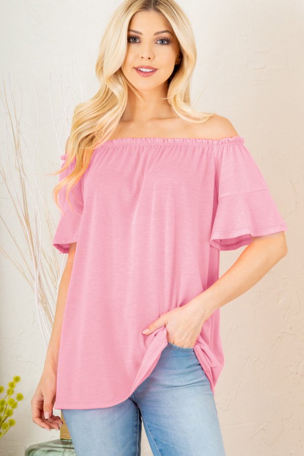 SHORT SLEEVE RUFFLED OFF SHOULDER SOLID TOP PLUS SIZE