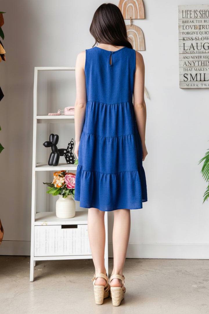 PLUS SIZE ROUND NECK SOLID SWISS DOT TIERED MINI DRESS-HMED6840-10