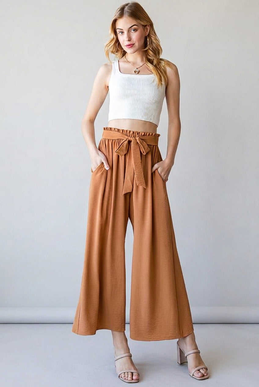 SOLID CASUAL PANTS WITH PAPERBAG WAISTBAND-HMEP6772-10