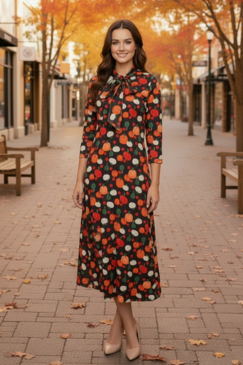 TIE-NECK A-LINE WITH SIDE POKTES MIDI DRESS -SHVL5831